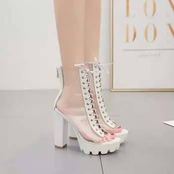Год прозрачный ПВХ сексуальный высокий каблук крутые сапоги ремешок рыбий рот кекс каблук толстый каблук женская обувь подиум сандалии прилив 35 белый
