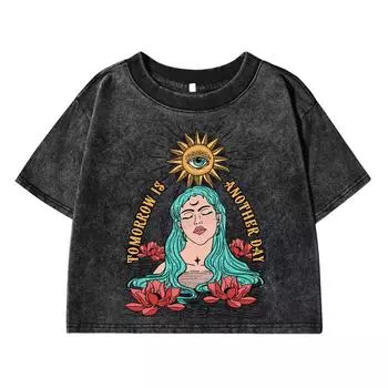 Goddess Of The Sun Printing Female Washed Short T Shirt Summer Casual Tshirt Street Clothes Fashion Loose Distress Tee M
