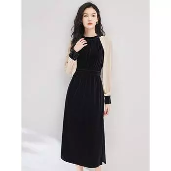 Goddess Temperament Velvet Patchwork Elegant Dress Dress Skirt 2025 Autumn New Arrival Pleated Long Sleeves Waist Black Dress Black XL