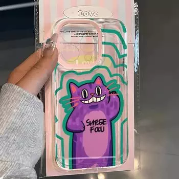 Гофрированный чехол для телефона с фиолетовым котом для iPhone 15promax - для Apple 15 14 13 12 11 XsmaxЧехол для телефона Tide Cartoon Прозрачный мягкий чехол Tide Apple 15Promax