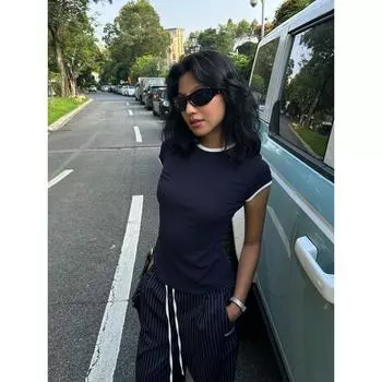 Gogo Burn American Style Black Fake Two Pieces round Neck Short Sleeve T-shirt for Women 2025 Summer Silm Slim Bottoming Top Tibetan Blue L