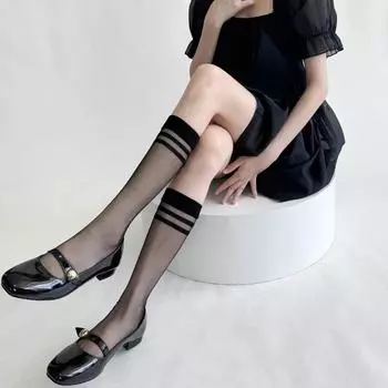 Гольфы в горошек, чулки, женские летние ультратонкие прозрачные шелковые носки JK для девочек, полосатые нейлоновые длинные носки, чулки