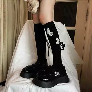 Гольфы в стиле Лолиты, милые женские белые носки с бабочкой, Y2k, носки до бедра в стиле Харадзюку, забавные носки в консервативном стиле, каваи, черные One Size чёрный