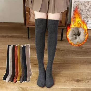 Гольфы выше колена с толстой флисовой подкладкой, женские махровые теплые осенне-зимние чулки в корейском стиле длиной до середины голени One Size чёрный