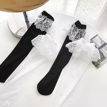 Гольфы женские чулки Lolita Sweet Girl кружевные носки с оборками чулки женские летние ультратонкие прозрачные длинные носки чулки чёрный
