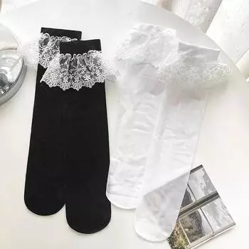 Гольфы женские чулки Lolita Sweet Girl кружевные носки с оборками чулки женские летние ультратонкие прозрачные длинные носки чулки чёрный