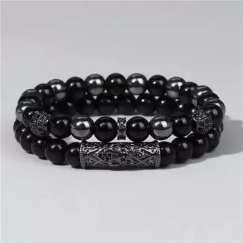 GolbalJew 2 шт. браслет из бисера для мужчин натуральный тигровый глаз гематит обсидиан браслеты из бисера Homme Energy Stretch браслет мужские ювелирные изделия 17CM