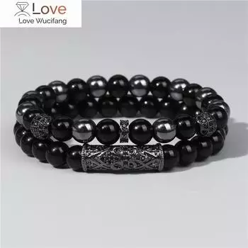 Golbaljew 2 шт. браслет из бисера для мужчин натуральный тигровый глаз гематит обсидиан браслеты из бисера Homme Energy Stretch браслет мужские ювелирные изделия 23CM