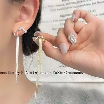 Gold and Silver Bow Tassel Earrings - Elegant Long Design E0673