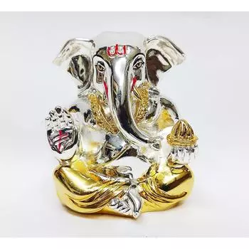 Gold and Silver Plated Resin Ganesh Idol for Car Dashboard God Ganesha Idol for Home Decor Ganpati for Gift (Small, Two Tone)