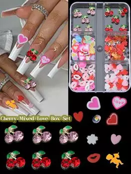 Gold Cherry Resin Heart Mouth Flower Nail Charms 1Box DIY 3D 2025 Gift For Girls