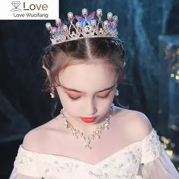 Gold Color Tiaras And Crowns Butterfly Pearls Crystal Handmade Children Crown Photography Party For Kids Women Princess Diadems золотой