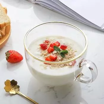 Gold Edged Glass Oat Cup,Brown Breakfast Cups Heated Microwave,Durable Milk Glassware with Plum Blossom Spoon Home Drinkware 380ml прозрачный