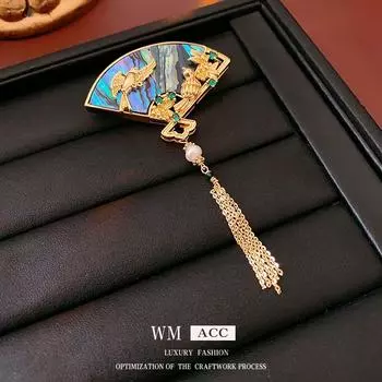 Gold Electroplated Fan Tassel Brooch: New Chinese Style, Retro High-End Design for Women