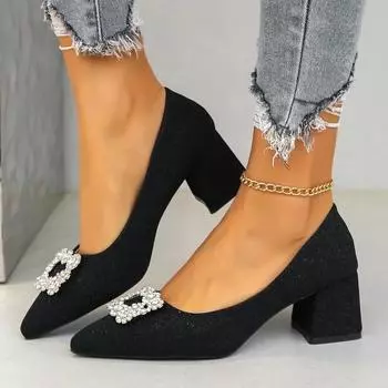 Gold Heels Crystal Shoes 2024 Chunky Sandals Women Dress Pumps Pointed Wedge Slip on Footwear Lace-Up Ornaments Latest Beige 34 чёрный