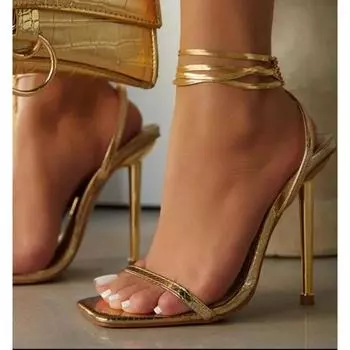 Gold Heels Women 2024 Summer New Super High Heel Women s Sandals Sexy Thin Heel Party Shoes Stylish Square Toe Slingback Sandals 36 бежевый