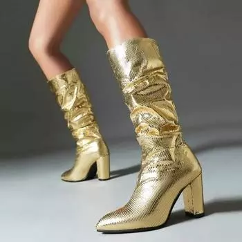 Gold High Heels 2024 Autumn Winter Style Fashion and Simple Women s Knee-high Boots Comfortable Square Heel Thick Sole Long Boot 35 чёрный