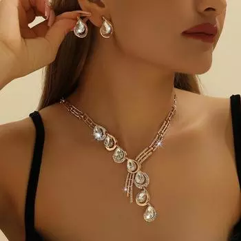 Gold Inlaid White Rhinestone White Crystal Necklace Earrings Set Women s Jewelry