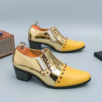 Gold Luxury Men s Dress Shoes British Pointed Toe High Heel Shoes Men Formal Shoes Rivet Designer Genuine Leather Shoes For Men 38