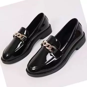 Gold Metal Chains Oxford Derby Shoes Woman Japanned Leather Brogure Flats British Girl s JK Shoes Slip on Loafers for Women 35 чёрный
