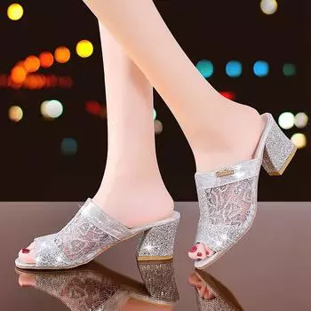 Gold Open Toe Sandals, Women s High Heels, Lace Dress Shoes, High Heels, Square Heels, Summer 2024 37 серебряный