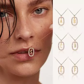 Gold Plated A-Z Letter Necklace Fashion Hollow Zircon Choker Oval Necklace Birthday Party Gift Letters P