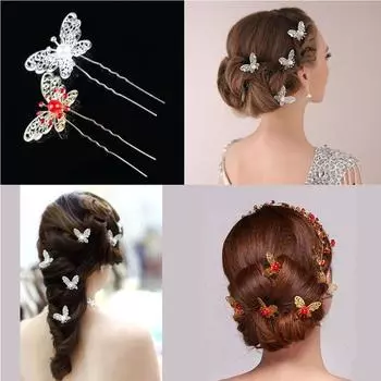 Gold Silver Bridal Bead Pearl Butterfly Hairpin Clip U-shaped Wedding Headdress золотой