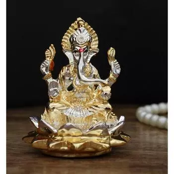 Gold & Silver Ganesha Idol Murti Sitting on Lotus Kamal Home Dcor and Gifts (5x5x6cm)