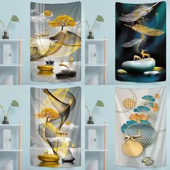 Gold Simple Illustration Decorative Tapestry Home Wall Living Room Office Decorative Tapestry 100x75cm