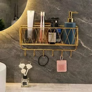 Gold Towel Holder with Hook Shampoo Holder Punch Free Bathroom Shelf Toothbrush S золотой