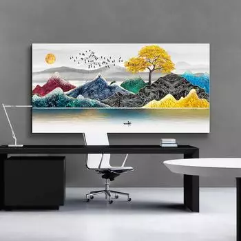 Gold Tree Birds Mountain Nordic Abstract Canvas Painting Wall Art Posters Prints Wall Picture Cuadros for Living Room Home Decor No Frame 20*40cm No Frame