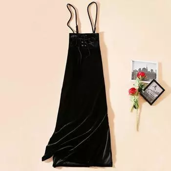 Gold Velvet Slim-Fit Slim Looking High Waist Slit Suspender Skirt Black S
