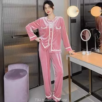 Женский комплект домашней одежды из золотого бархата, состоящий из двух предметов, осенний женский комплект из простых брюк с длинными рукавами и пижамным комплектом M чёрный