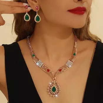 Gold Zinc Alloy Hollow Green Resin Rhinestone Necklace Earrings Set Women s Jewelry