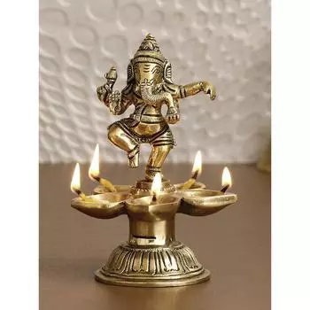 Golden Brass Handcrafted Dancing Lord Ganesha Idol With Diya Of 5 Wicks - Auspicious Decorative Diya, Deepak, Deepam For Home, Office, Temple Decor