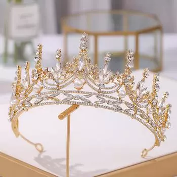 Golden Bride Crown Princess Headwear Birthday Rhinestone Headband Wedding Hair Jewelry Pearl Bridal Tiaras Vintage Headpiece Headbands