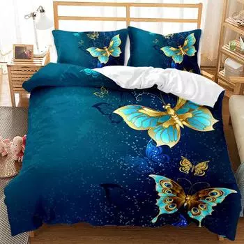 Golden Butterfly Pretty Blue Butterfly Bedding Set Boys Girls Twin Queen Size Duvet Cover Pillowcase Bed Kids Adult EU single(135x200cm)