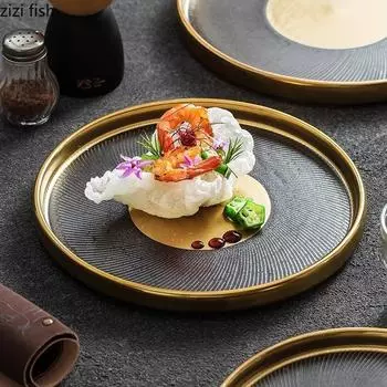Golden Edged Ceramic Flat Plate Creative Steak Plate Sushi Plate Dessert Snack Plates Molecular Cuisine Specialty Tableware