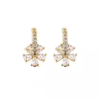 Golden Gentle And Sweet Petal Zircon Stud Earrings, A Daifa Mori Niche Temperament Curved Hook Flower Earrings Copper