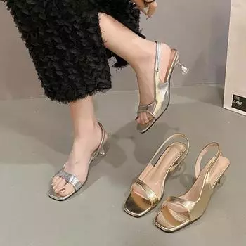 Golden Heels Women 2024 New Korean Style Fashion Women s Slingback Sandals Solid Color Simple High Heel Sandals Sandalias Mujer 35 золотой