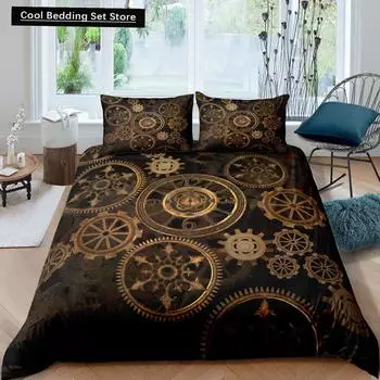 Golden Industrial Gear King Full Duvet Cover Steampunk Style Bedding Set Mechanical Device Quilt Cover Polyester Comforter Cover EU single(135x200cm)