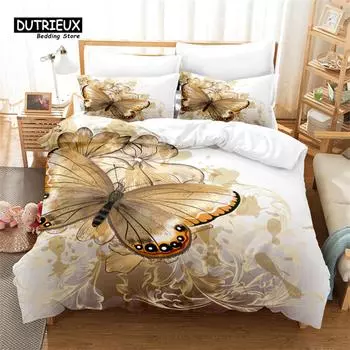 Golden Pattern Butterfly Duvet Cover Set, 3Pc Bedding Set, Soft Comfortable Breathable Duvet Cover, For Bedroom Guest Room Decor EU single(135x200cm)