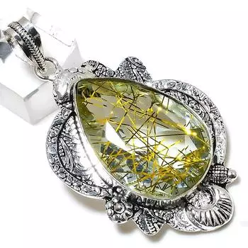 Golden Rutile Gemstone Handmade 925 Sterling Silver Jewelry Pendant 2.44 h2R59