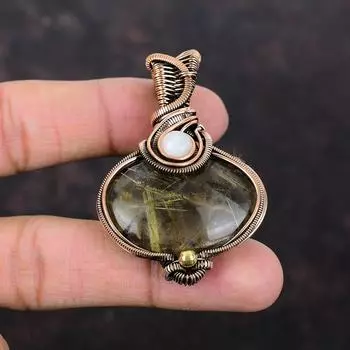 Подвеска из золотистого рутила, подвеска из медной проволоки, подвеска ручной работы, подвеска из радужного лунного камня, медная бижутерия, подвеска из драгоценного камня, подарок на помолвку
