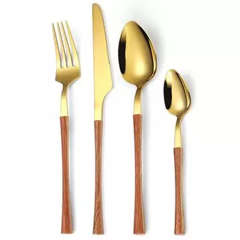 Набор столовых приборов из нержавеющей стали золотистого цвета из четырех предметов: нож, вилка и ложка с пластиковой ручкой, принадлежности для креативной кухни и отелей.