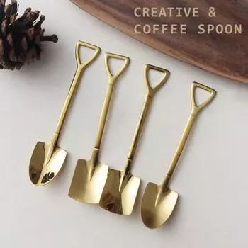 Golden Stainless Steel Spoon Creative Shovel Spade Shape Spoon Dessert Coffee Spoon Exquisite Tableware