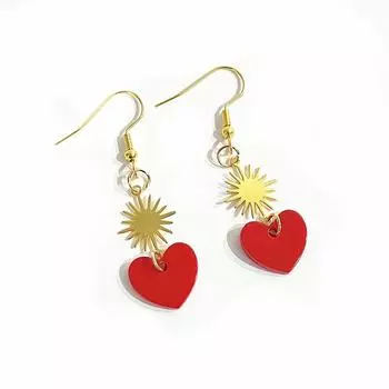 Golden Sun & Red Heart Earrings - Dual Acrylic-Metal Jewelry for Women s Fashion & Party Accessories (Romantic Glam Style)