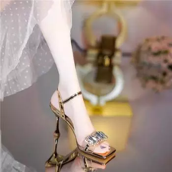 Golden thin heel with rhinestone square head sandals female 2025 summer new fairy wind open toe sexy high heels 34