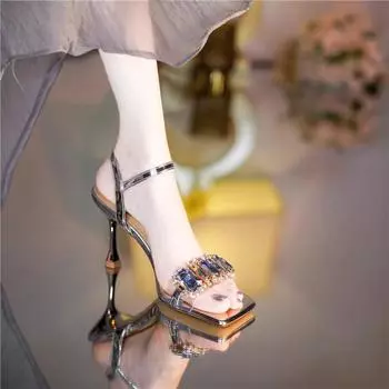 Golden thin heel with rhinestone square head sandals female 2025 summer new fairy wind open toe sexy high heels 34