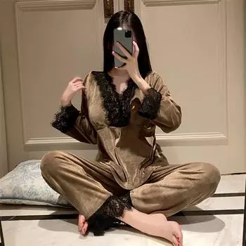 Golden Velvet Осенняя одежда для сна Зимняя пижама Пижама Ночная рубашка Женская пижама Комплект нижнего белья для женщин Ночная одежда M чёрный